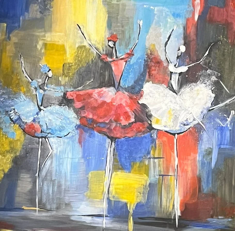 Three ballet dancers in blue, coral red and white tutus, with outstretched arms against expressive blocks of blue, yellow and grey.