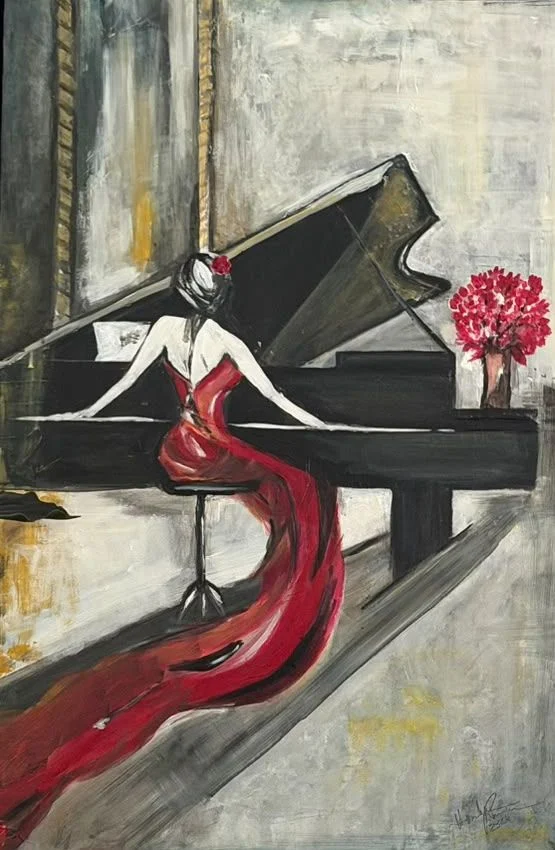 A pianist in a flowing red dress sits at a black grand piano beside a vase of red flowers, against a textured cream and grey background.
